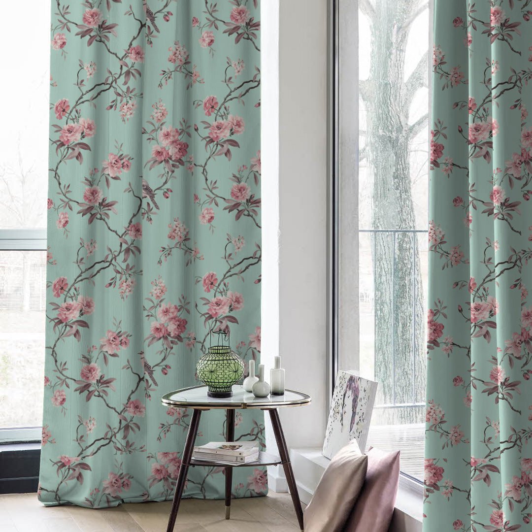 Blossoming Wings Floral Dusty Pink Heavy Satin Blackout Curtains Set Of 2 - (DS207B) - Image 5