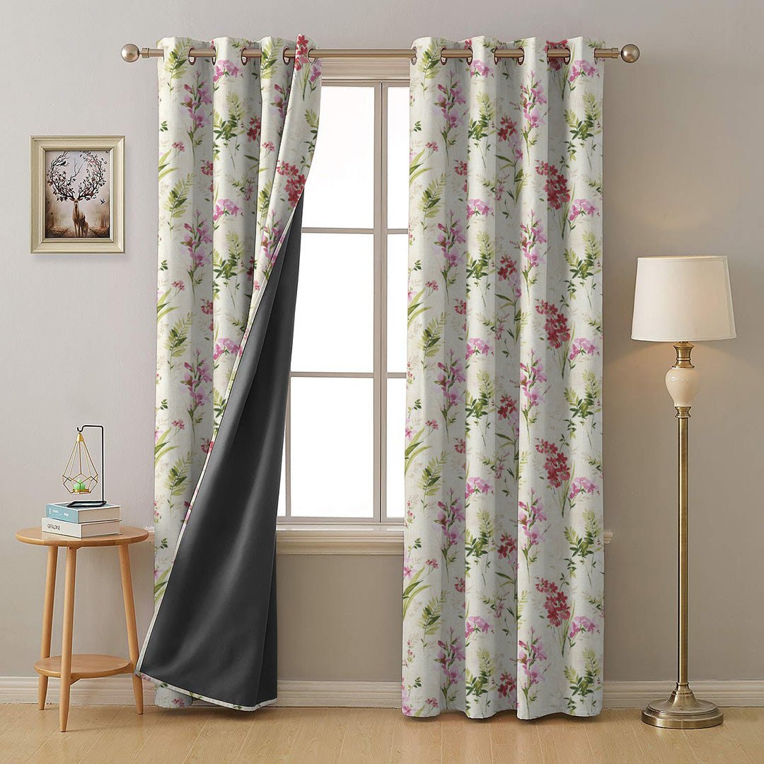 Lovely Lavender Floral Pale Beige Heavy Satin Blackout Curtains Set Of 2 - (DS260A)