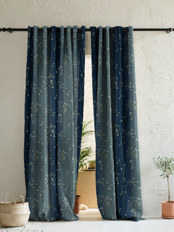 Mini Floral Trellis Floral Midnight Blue Heavy Satin Room Darkening Curtains Set Of 2 - (DS357D)