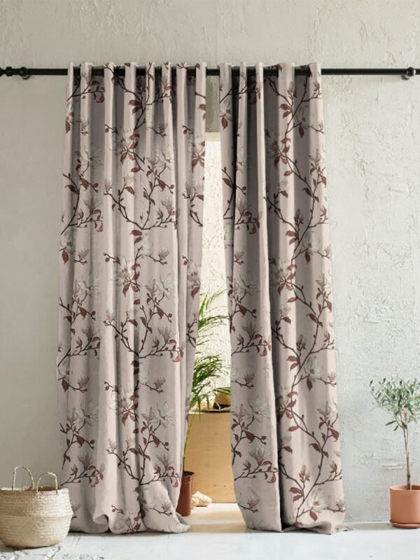 Blooming Vines Floral Dusty Beige Heavy Satin Room Darkening Curtains Set Of 2 - (DS427A)