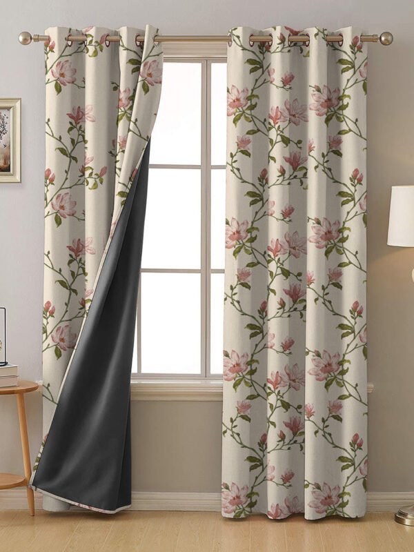 Blooming Vines Floral Soft Pink Heavy Satin Blackout Curtains Set Of 2 - (DS427B)