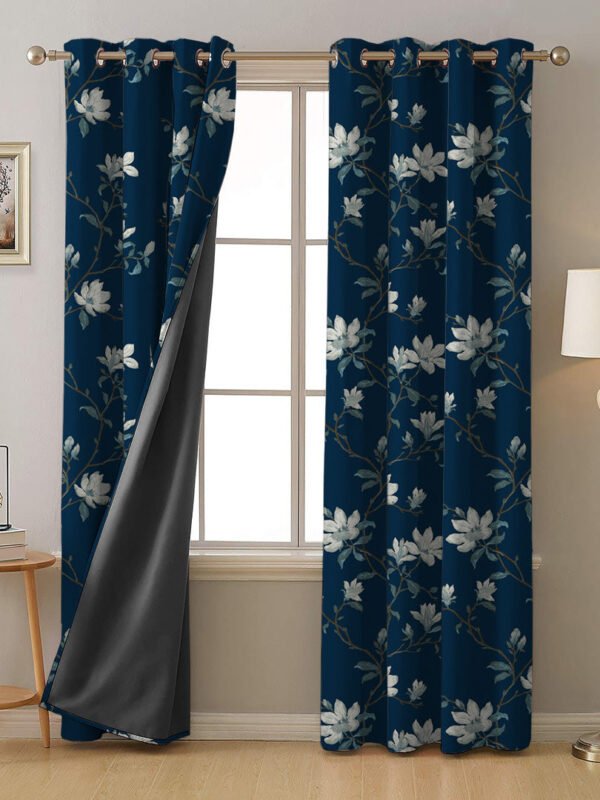 Blooming Vines Floral Midnight Blue Heavy Satin Blackout Curtains Set Of 2 - (DS428A)