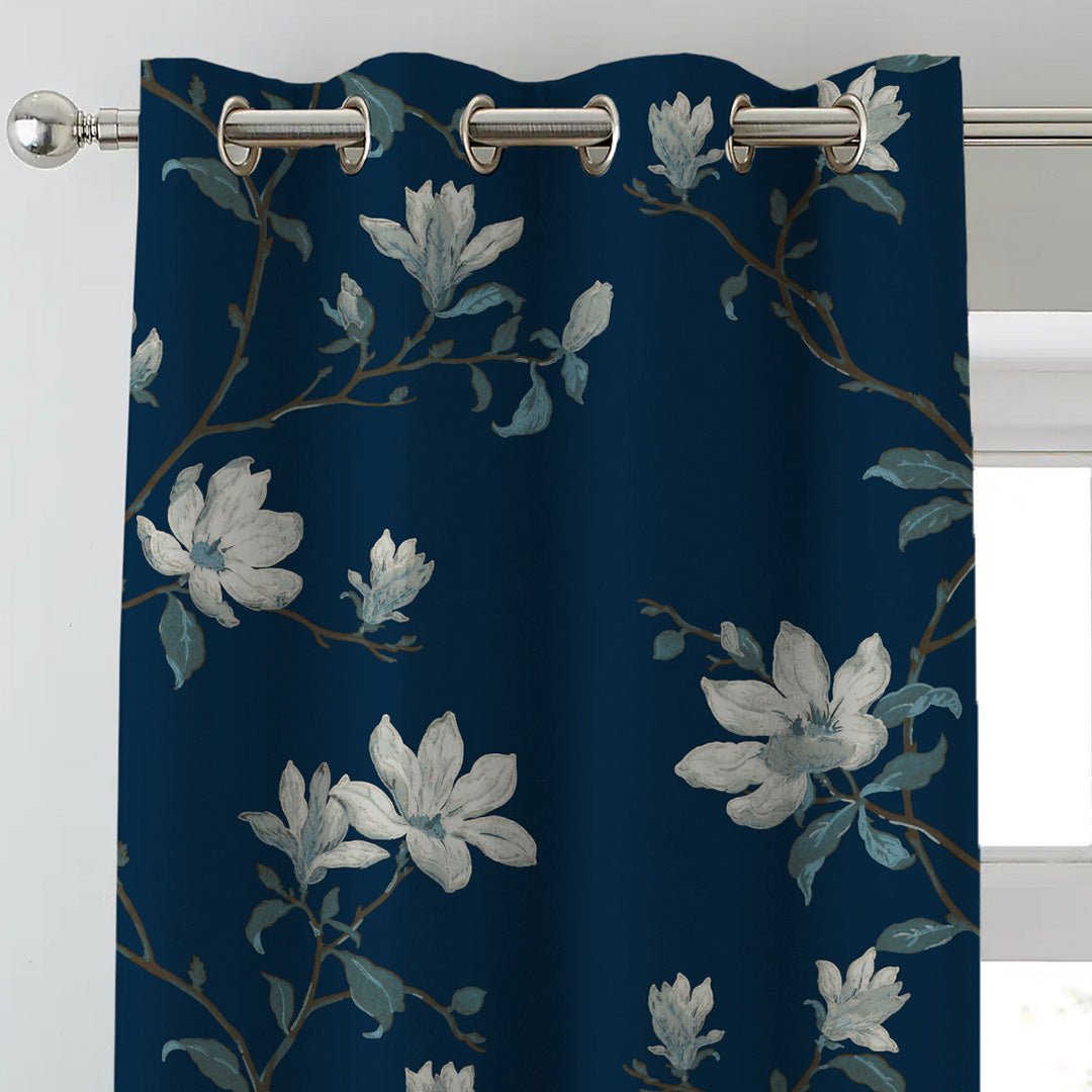 Blooming Vines Floral Midnight Blue Heavy Satin Blackout Curtains Set Of 2 - (DS428A) - Image 3