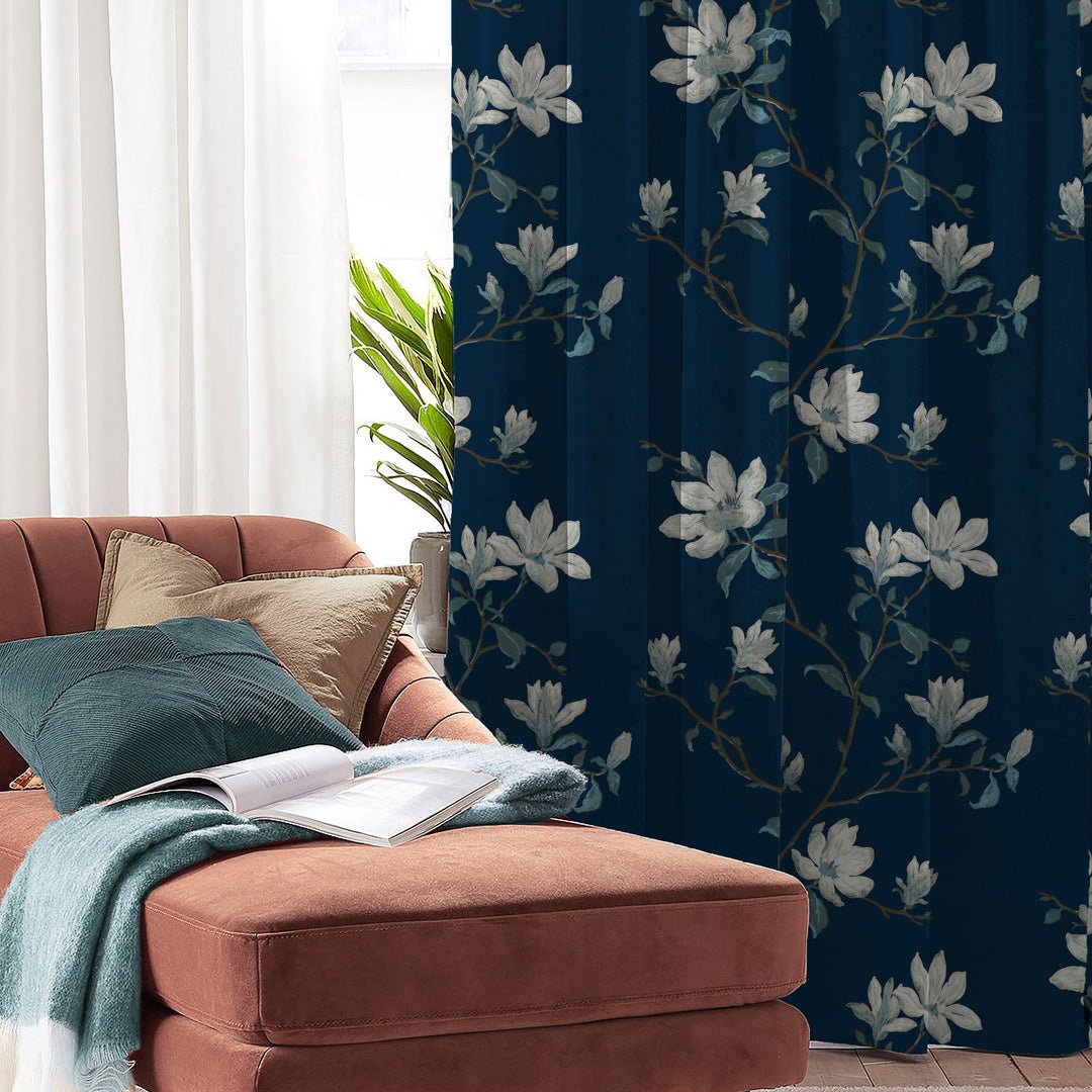 Blooming Vines Floral Midnight Blue Heavy Satin Blackout Curtains Set Of 2 - (DS428A) - Image 4