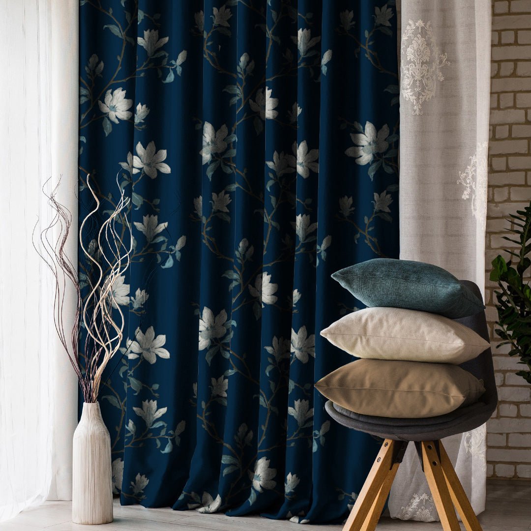 Blooming Vines Floral Midnight Blue Heavy Satin Blackout Curtains Set Of 2 - (DS428A) - Image 5