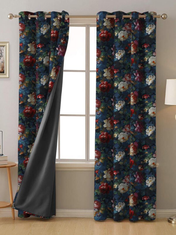 Dark Romance Floral Steel Blue Heavy Satin Blackout Curtains Set Of 2 - (DS473A)