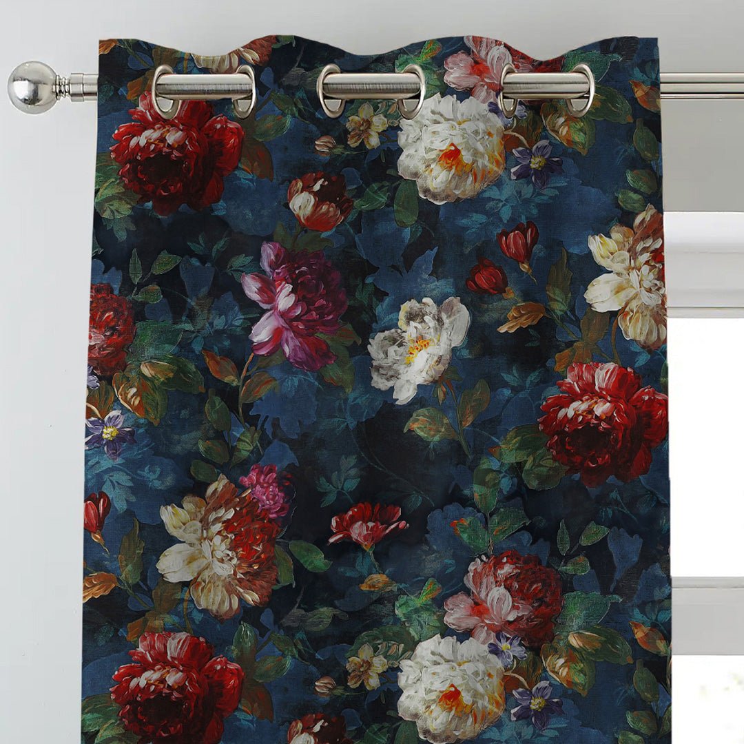 Dark Romance Floral Steel Blue Heavy Satin Blackout Curtains Set Of 2 - (DS473A) - Image 3