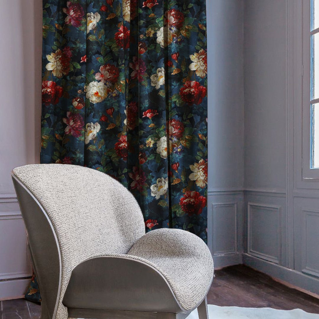 Dark Romance Floral Steel Blue Heavy Satin Blackout Curtains Set Of 2 - (DS473A) - Image 4