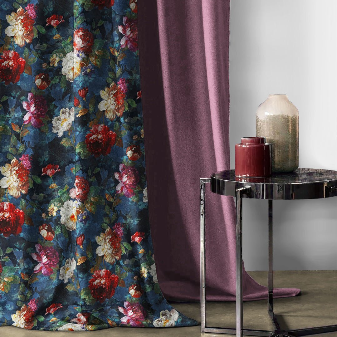 Dark Romance Floral Steel Blue Heavy Satin Blackout Curtains Set Of 2 - (DS473A) - Image 5