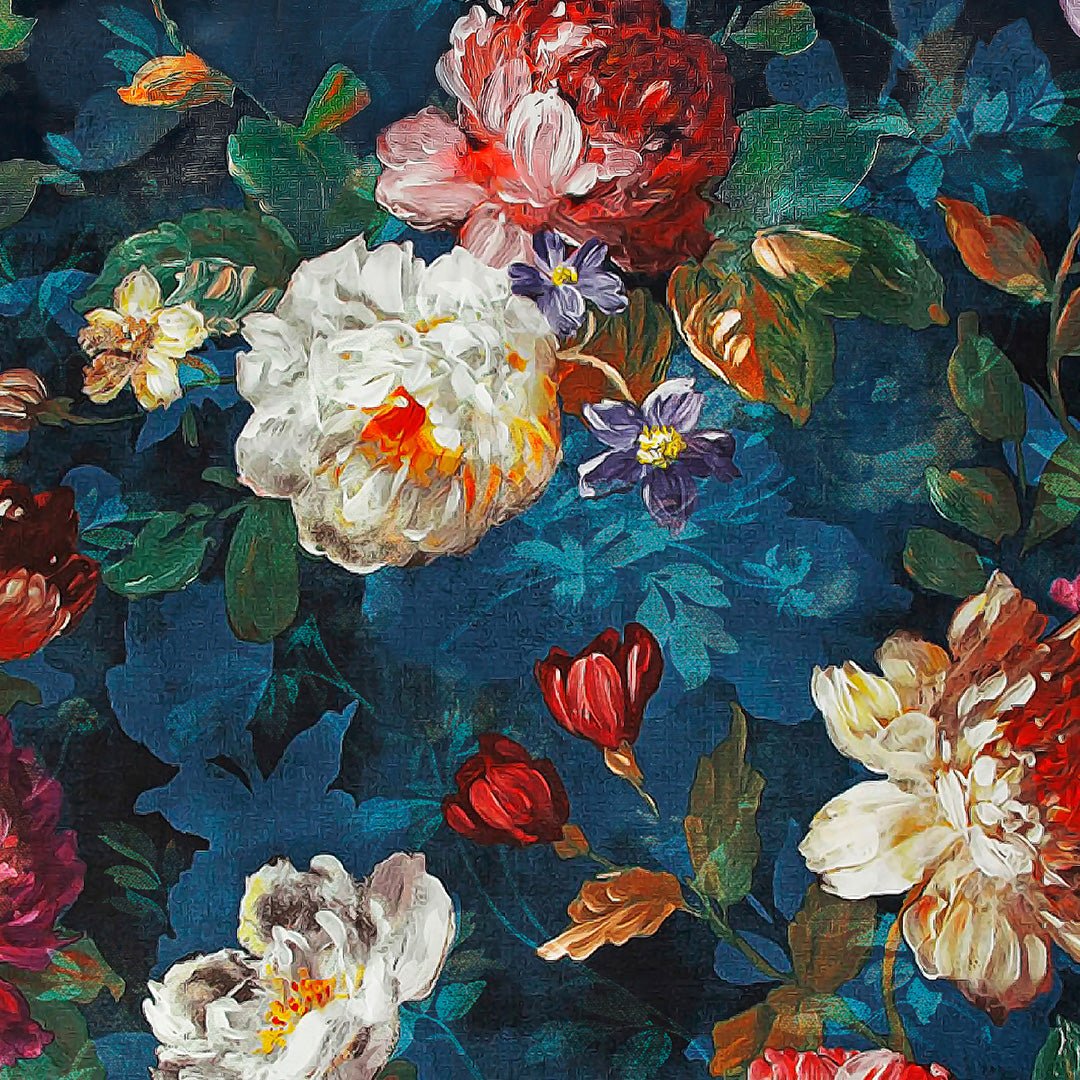 Dark Romance Floral Steel Blue Heavy Satin Blackout Curtains Set Of 2 - (DS473A) - Image 6