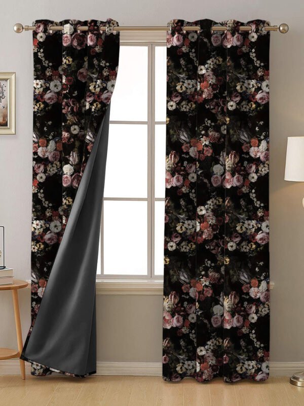 Noir Blossom Floral Peach Pink Heavy Satin Blackout Curtains Set Of 2 - (DS474C)
