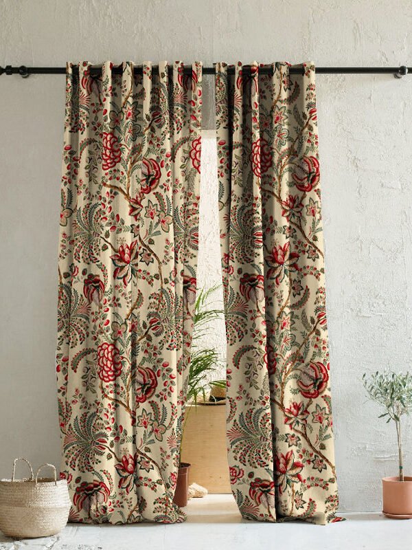 Urban Jungle Floral Champagne Beige Heavy Satin Room Darkening Curtains Set Of 2 - (DS488B)