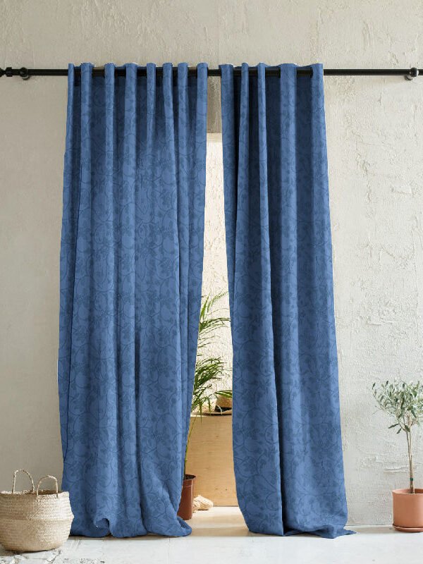 Nouveau Petal Floral Oxford Blue Heavy Satin Room Darkening Curtains Set Of 2 - (DS496C)