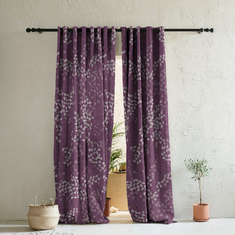 Fluttering Beauty Geometric Wine Red Heavy Satin Blackout curtains Set Of 2 - (DS500A) - Image 2