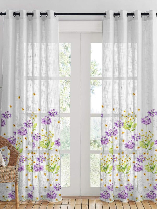 Meadow Melody Floral Linen Sheer Curtain Set Of 2 DS552