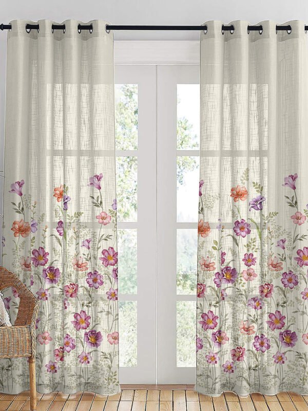 Pastel Posy Floral Linen Sheer Curtain Set Of 2 DS553
