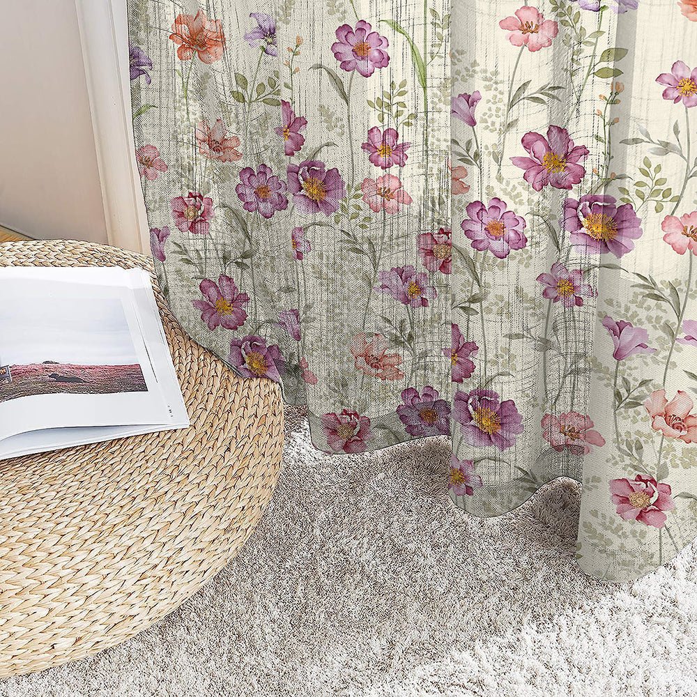 Pastel Posy Floral Linen Sheer Curtain Set Of 2 DS553 - Image 3