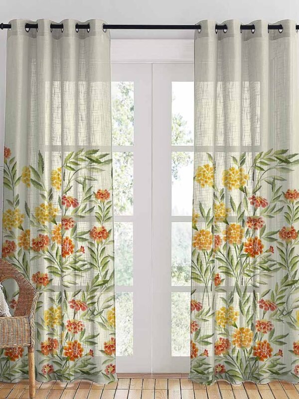 Sun-kissed Marigold Floral Linen Sheer Curtain Set Of 2 DS554