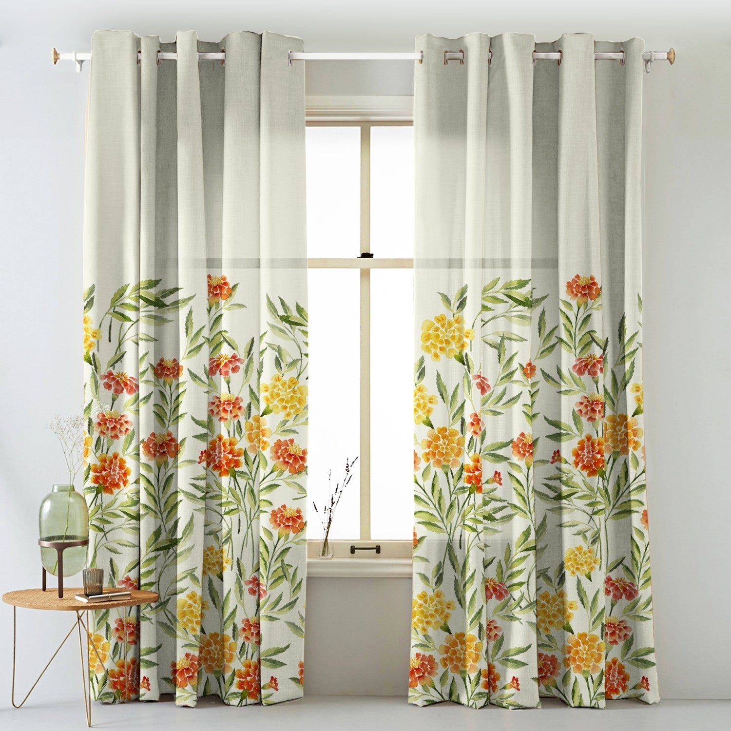 Sun-kissed Marigold Floral Saffron Yellow Matte Finish Room Darkening Curtains Set Of 2 - (DS554)