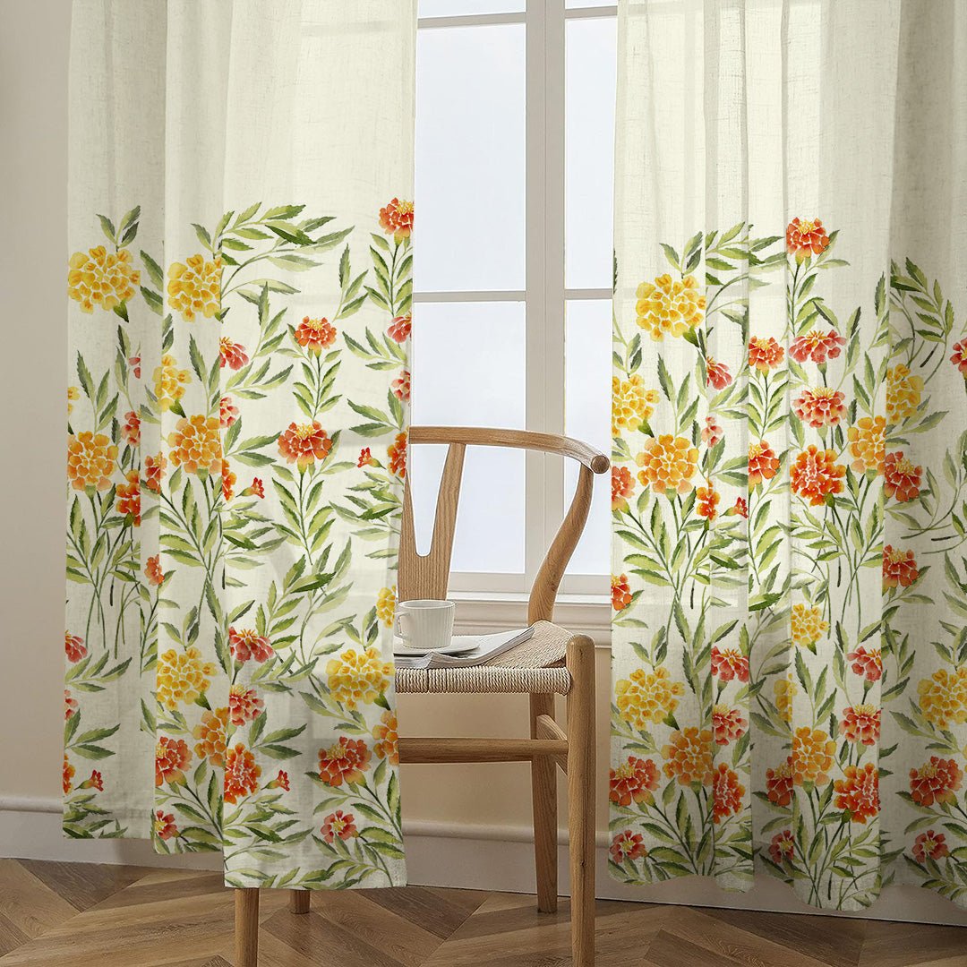 Sun-kissed Marigold Floral Saffron Yellow Matte Finish Room Darkening Curtains Set Of 2 - (DS554) - Image 4
