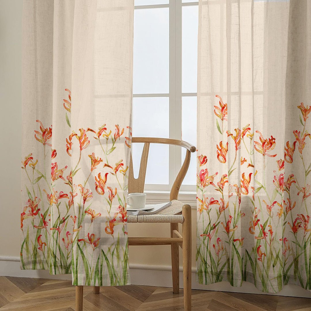 Petal Whispers Floral Tangerine Orange Matte Finish Room Darkening Curtains Set Of 2 - (DS555) - Image 4