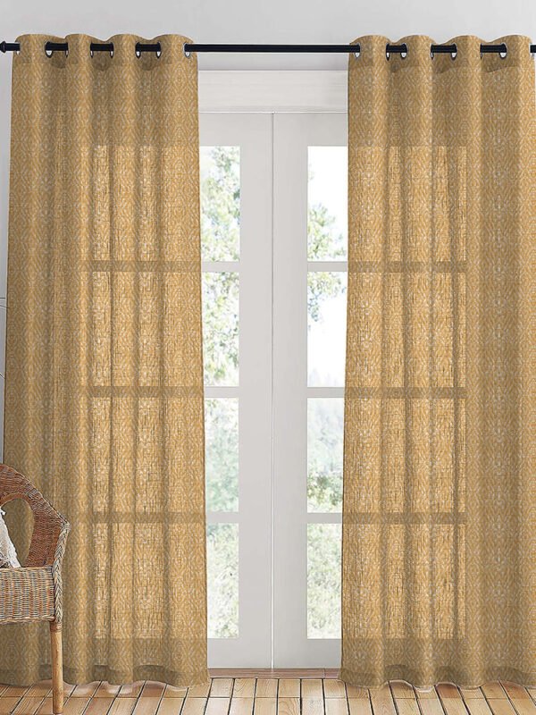 MacraMagic Geometric Harvest Gold Linen Sheer Curtain Set of 2 -(DS565A)