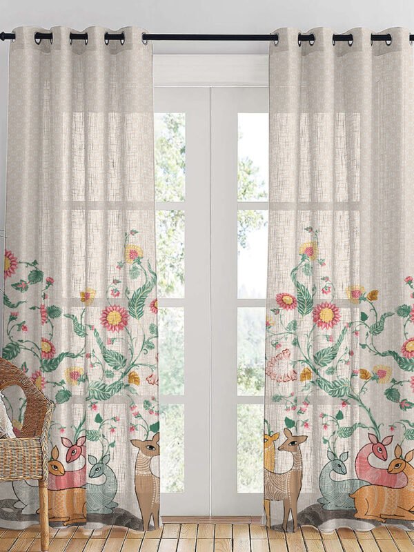 Forest Folklore Floral Blanched Almond Linen Sheer Curtain Set of 2 -(DS566A)