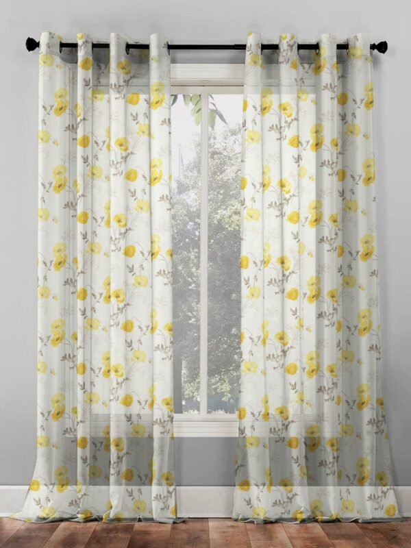 Elegant Floral Print Sheer Semi Transparent Curtain - Set of 2 -DS133A1