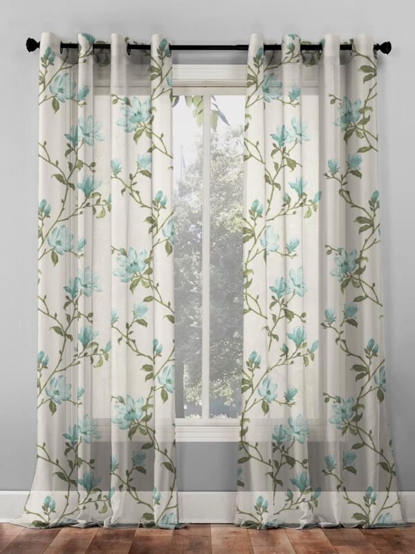 Elegant Floral Print Sheer Semi Transparent Curtain - Set of 2 -DS427C