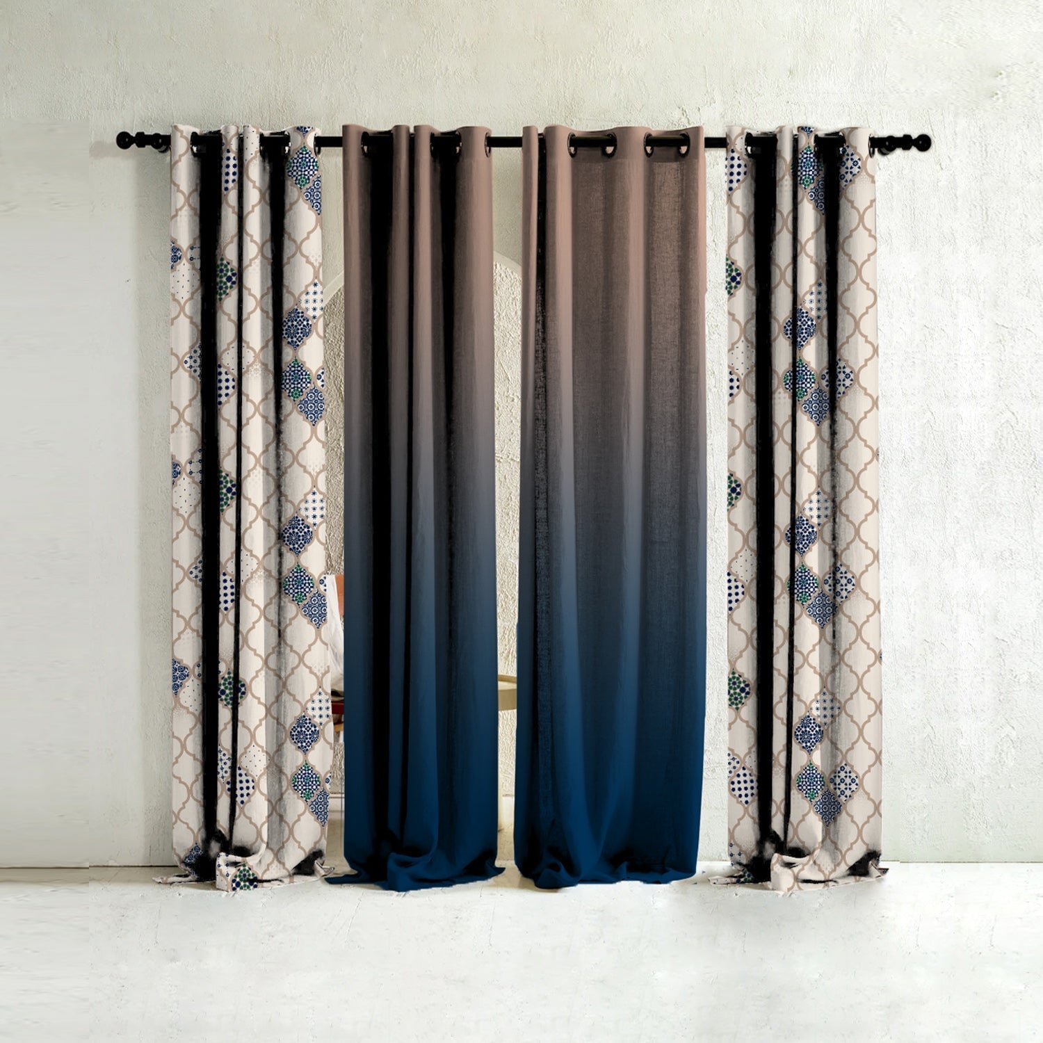 Elegant Ethnic & Ombre Print Combination Room Darkening Curtains - Set Of 4 Door Curtain (452AMR2) - Blue & Cream