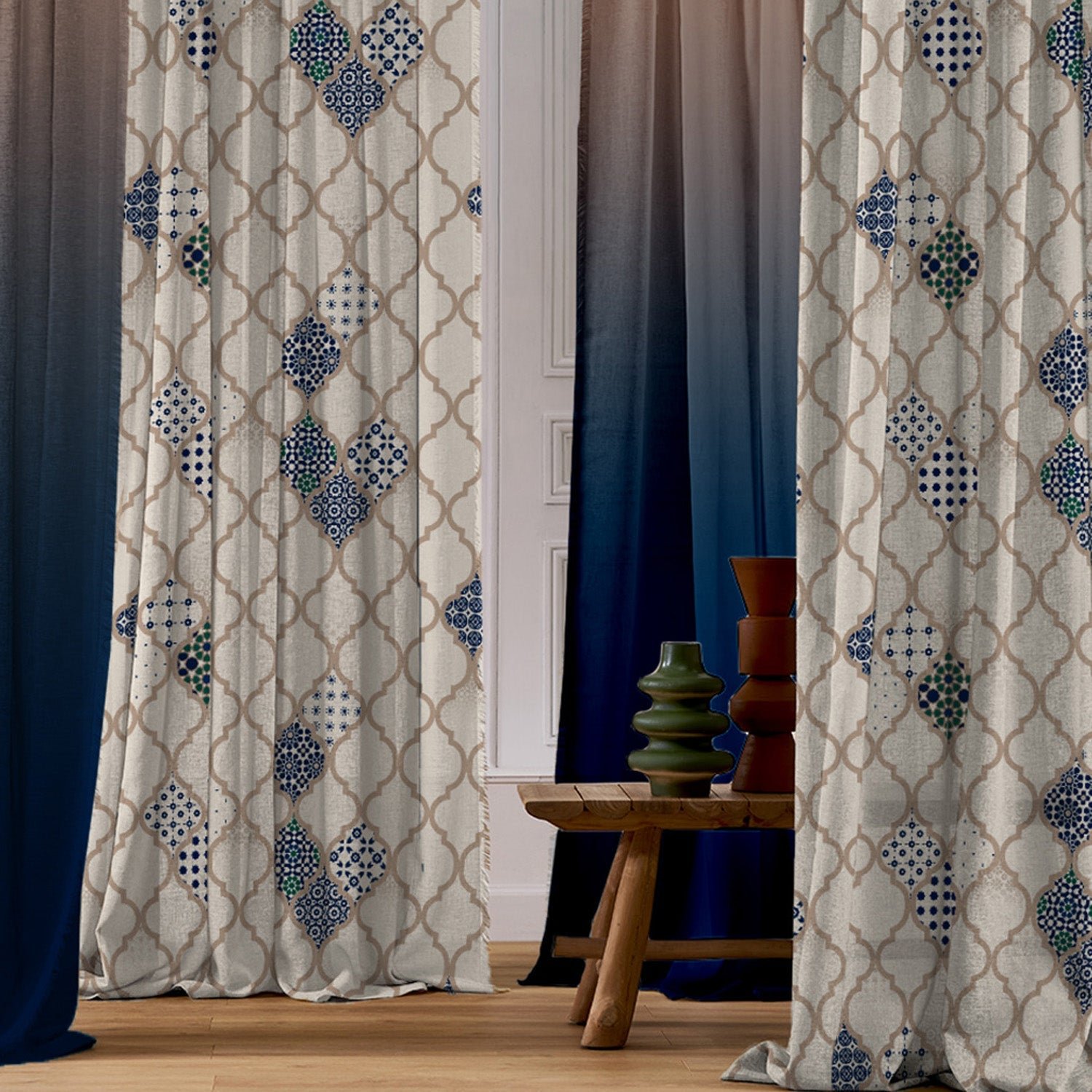 Elegant Ethnic & Ombre Print Combination Room Darkening Curtains - Set Of 4 Door Curtain (452AMR2) - Blue & Cream - Image 2