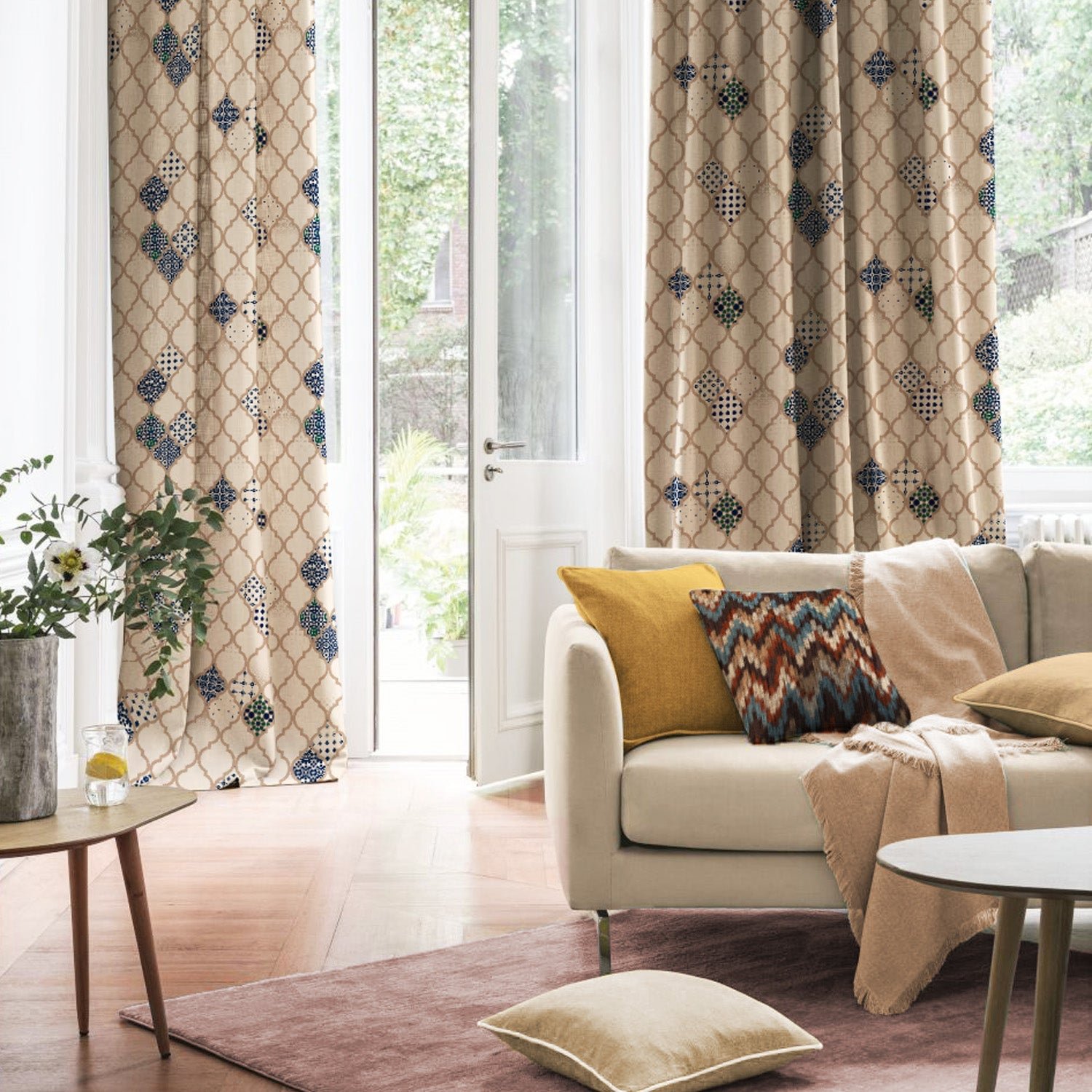 Elegant Ethnic & Ombre Print Combination Room Darkening Curtains - Set Of 4 Door Curtain (452AMR2) - Blue & Cream - Image 3