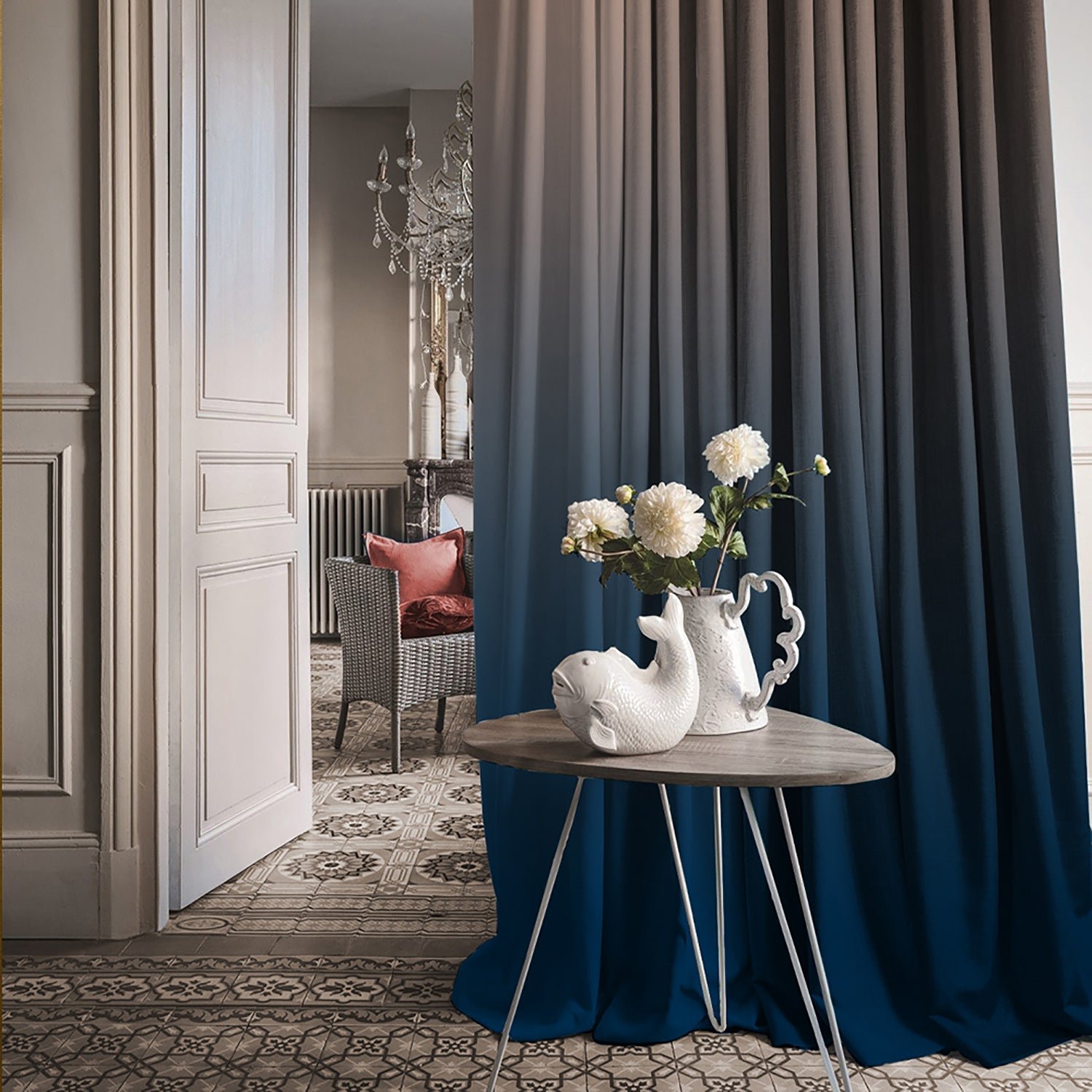 Elegant Ethnic & Ombre Print Combination Room Darkening Curtains - Set Of 4 Door Curtain (452AMR2) - Blue & Cream - Image 4