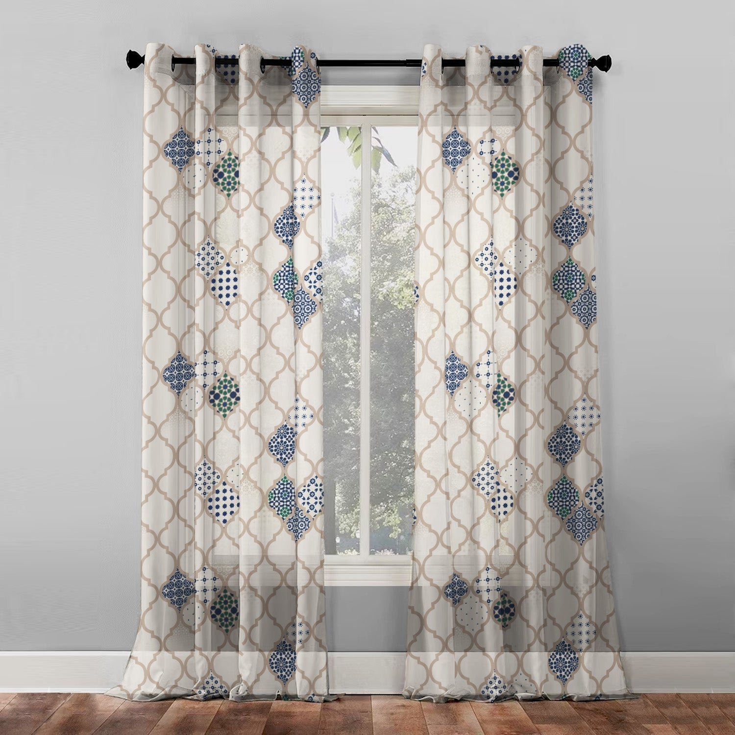 Elegant Ethenic Print Sheer Semi Transparent Curtain - Set of 2 DS452A1