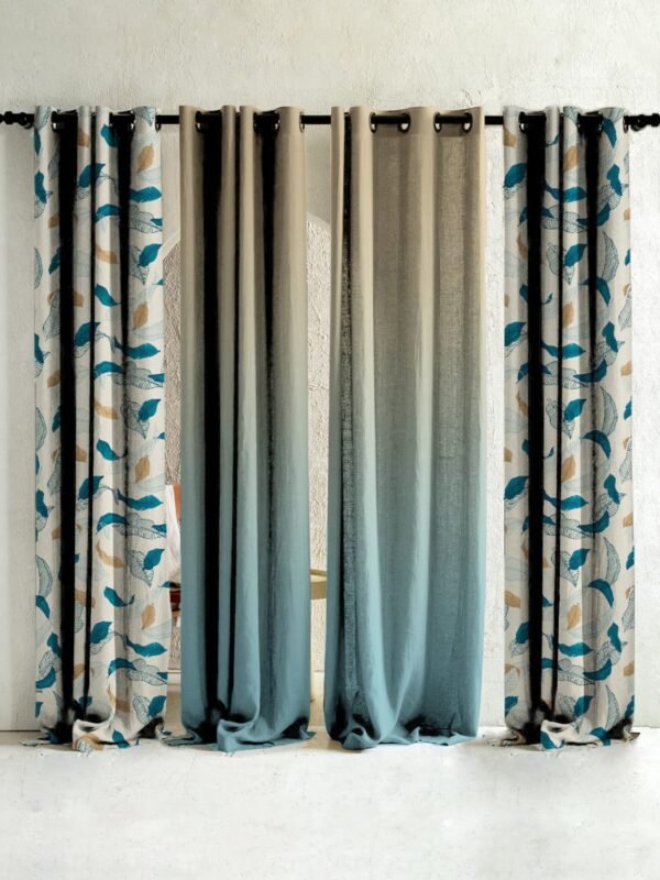 Elegant Floral & Ombre Print Combination Room Darkening Curtains - Set Of 4 Door Curtain (467AFRDM1) - Teal & Nude